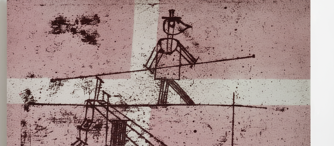 The Tightrope Walker by Paul Klee, 1923, geometric abstract figure balancing on a line in warm earth tones