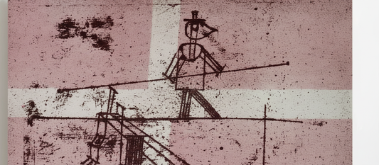 The Tightrope Walker by Paul Klee, 1923, geometric abstract figure balancing on a line in warm earth tones