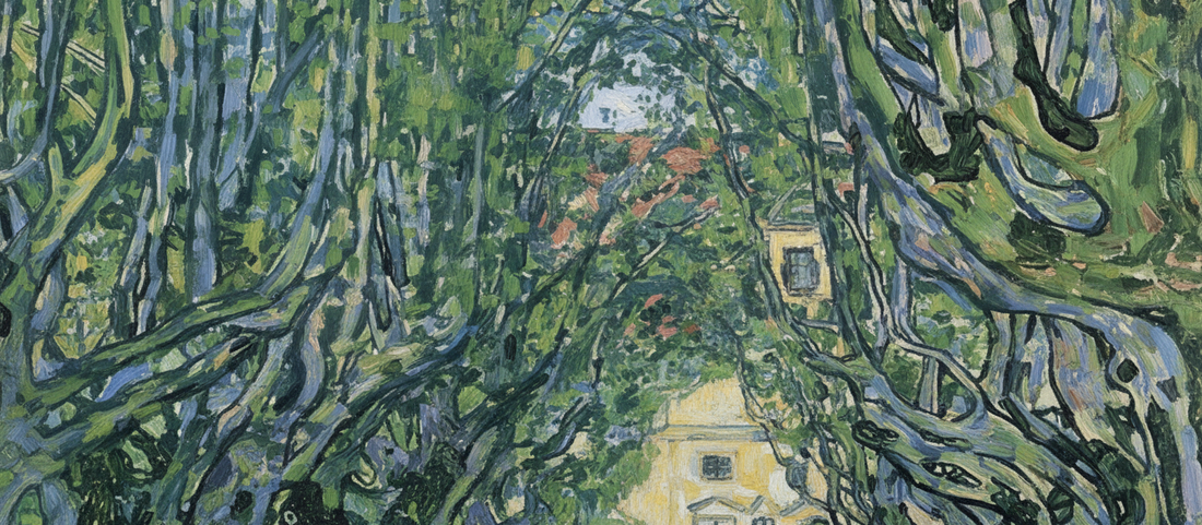 Avenue in Schloss Kammer Park by Gustav Klimt, 1912 - Vertical landscape painting showing a tree-lined path rendered in pointillist technique with vibrant greens and dappled light