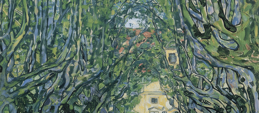 Avenue in Schloss Kammer Park by Gustav Klimt, 1912 - Vertical landscape painting showing a tree-lined path rendered in pointillist technique with vibrant greens and dappled light