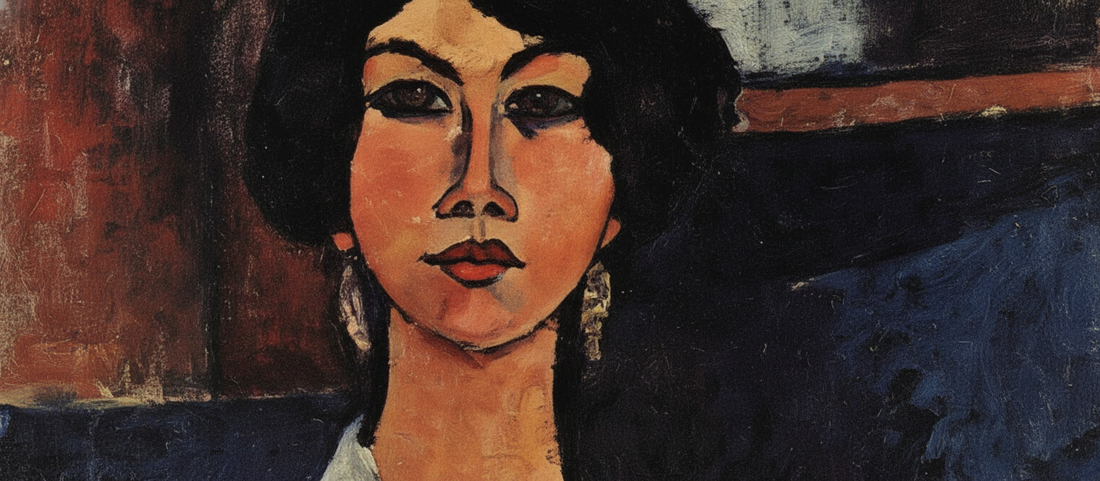 Almaisa by Amedeo Modigliani, 1917 portrait painting with elongated neck and almond eyes in muted earth tones