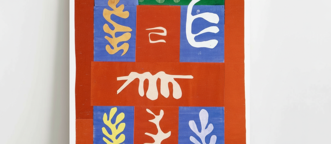 Composition with a Red Cross 1947 by Henri Matisse, abstract cut-out artwork featuring bold red cross against geometric color fields