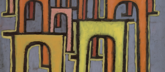 Revolt of the Viaduct 1937 by Paul Klee abstract painting with tilted arches and earthy tones