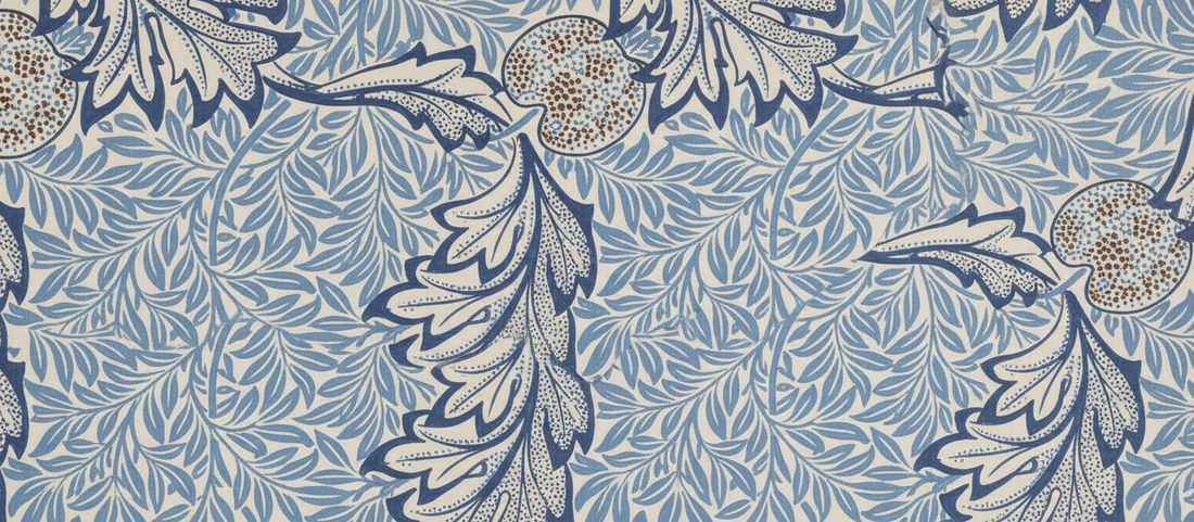 William Morris Apple Wallpaper 1877, botanical pattern showing three-layer design with apples, leaves, and branches in Arts and Crafts style