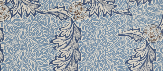 William Morris Apple Wallpaper 1877, botanical pattern showing three-layer design with apples, leaves, and branches in Arts and Crafts style