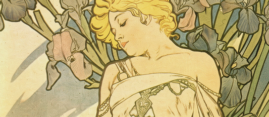 Iris 1897 by Alphonse Mucha, Art Nouveau decorative panel with woman personifying iris flower in circular frame with purple petals