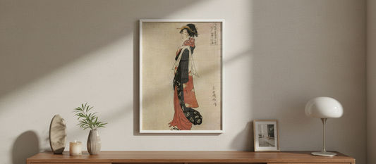 Eiri's ukiyo-e art print of a woman walking with a towel over her shoulder, exemplifying Edo-period elegance.
