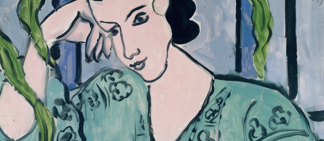 The Green Romanian Blouse 1939 by Henri Matisse, portrait painting featuring a model in an embroidered Romanian peasant blouse with bold geometric patterns and vibrant colors