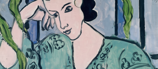 The Green Romanian Blouse 1939 by Henri Matisse, portrait painting featuring a model in an embroidered Romanian peasant blouse with bold geometric patterns and vibrant colors