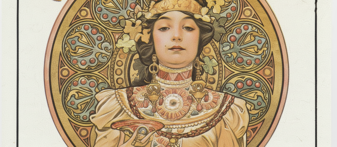 Moet & Chandon Imperial poster by Alphonse Mucha, 1899, featuring Art Nouveau female figure in golden decorative frame with champagne bubble motifs