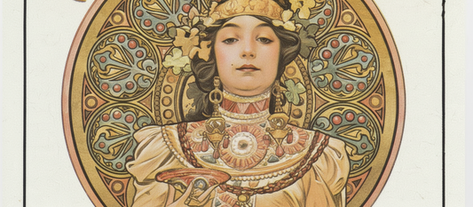 Moet & Chandon Imperial poster by Alphonse Mucha, 1899, featuring Art Nouveau female figure in golden decorative frame with champagne bubble motifs