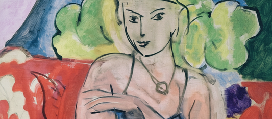 Young Girl Seated by Henri Matisse, 1936, modernist portrait with decorative patterned background and figure in coral dress