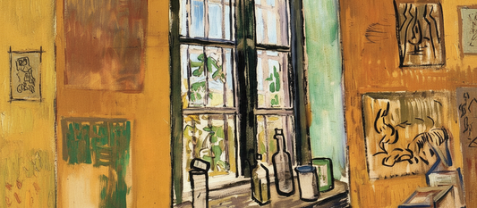 Window of Vincent's Room at Hospital 1890 by Vincent van Gogh, Post-Impressionist painting showing window with iron bars at Saint-Paul-de-Mausole asylum