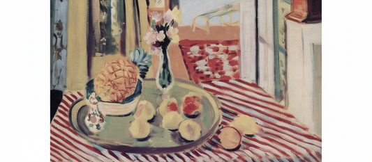 Interior with a Phonograph by Henri Matisse, 1924, oil painting showing a room filled with patterned wallpaper, checkered furniture, and a phonograph on a draped table