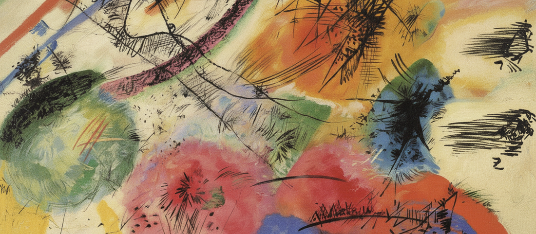 Black Strokes I (1913) by Wassily Kandinsky, abstract painting with bold black calligraphic brushstrokes over vibrant colors