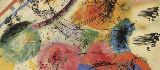 Black Strokes I (1913) by Wassily Kandinsky, abstract painting with bold black calligraphic brushstrokes over vibrant colors