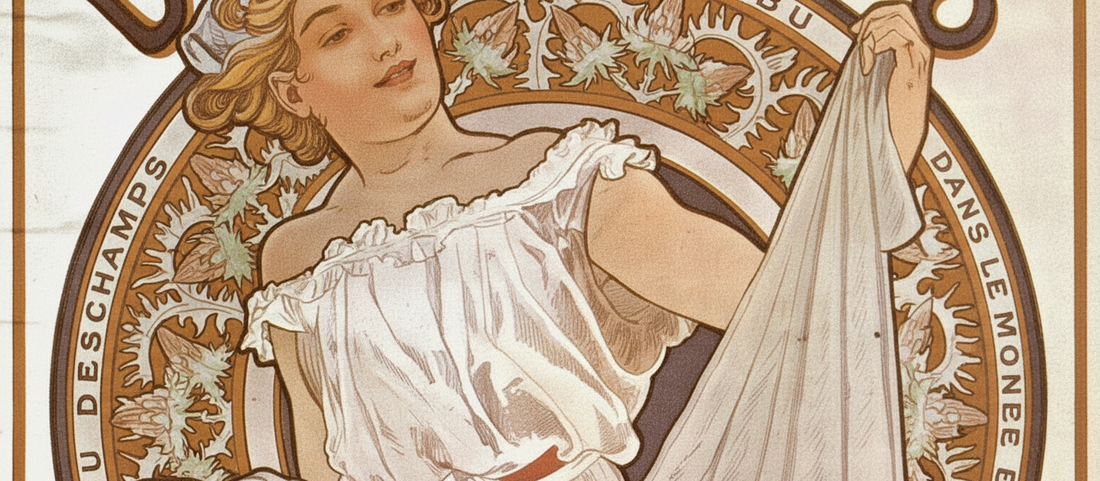 Bleu Deschamps by Alphonse Mucha, 1897, Art Nouveau decorative panel featuring blue tones and Byzantine ornamental motifs