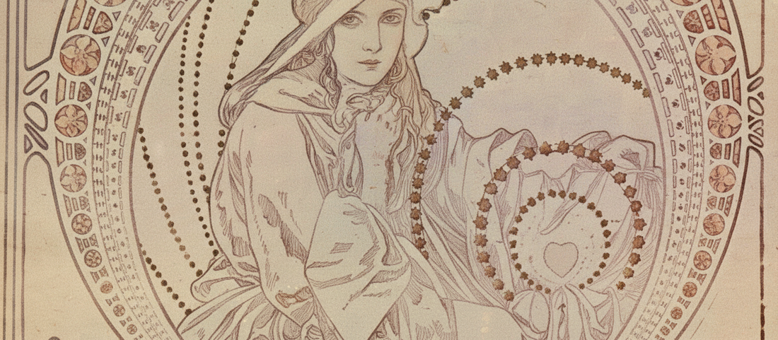 Au Quartier Latin 1900 Art Nouveau poster by Alphonse Mucha featuring ornate stone archway and classical figure with book