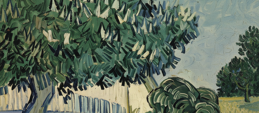 Chestnut Tree in Blossom by Vincent van Gogh 1890 showing thick impasto technique and white blossoms