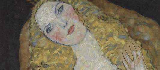 Gustav Klimt's unfinished Adam and Eve painting from 1917-18 featuring Eve with decorative serpent coiled around her body and shadowy Adam figure