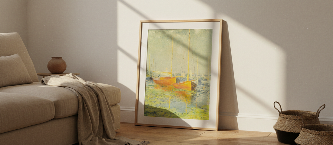 Monet's Red Boats, Argenteuil art print with vibrant reds and serene water reflections