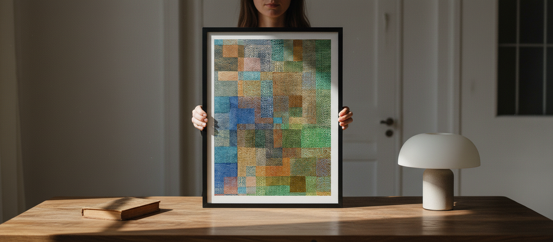 Paul Klee's Polyphony 1932 in a black wooden frame, showcasing its vibrant geometric design