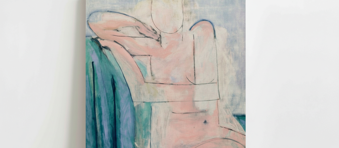 Seated Pink Nude by Henri Matisse, 1935-36, modernist painting of reclining female figure in flat pink tones with simplified forms