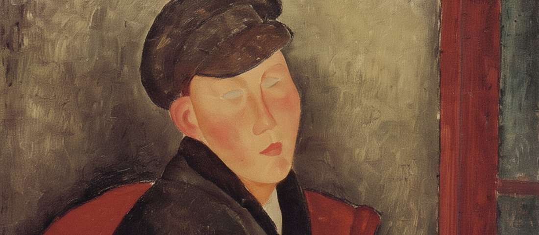Seated Boy with Cap 1918 by Amedeo Modigliani, portrait of a young boy in muted earth tones with elongated features and dark cap
