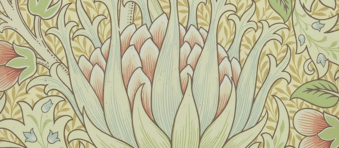 Artichoke Wallpaper by William Morris, 1899, featuring intricate botanical patterns with layered artichoke leaves in Arts and Crafts style