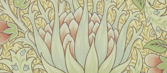 Artichoke Wallpaper by William Morris, 1899, featuring intricate botanical patterns with layered artichoke leaves in Arts and Crafts style