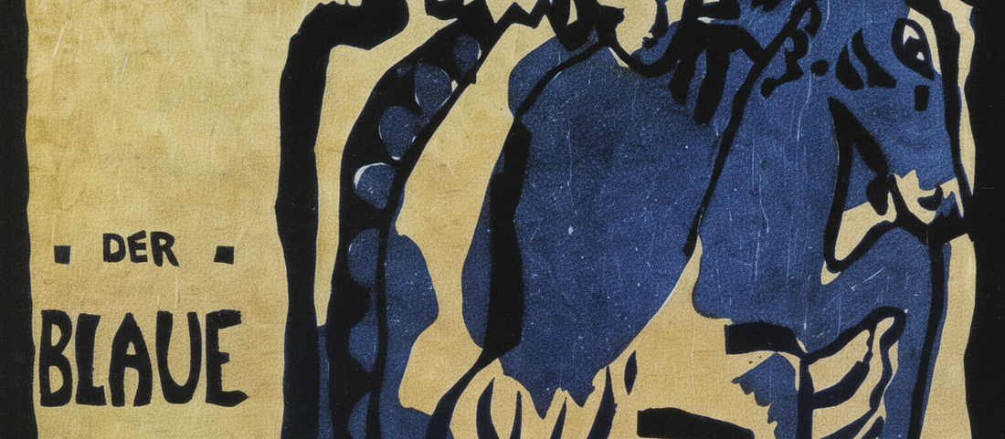 Cover for the Almanac der Blaue Reiter 1912 by Wassily Kandinsky featuring blue rider on horseback in bold woodcut style with abstract color fields