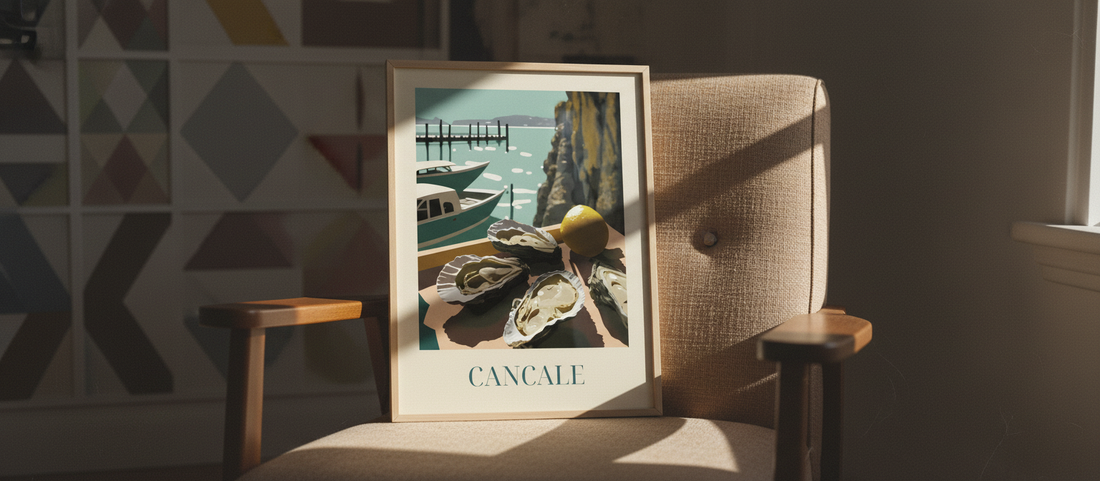 Mid-century modern art print of Cancale oysters with vibrant colors and minimalist design