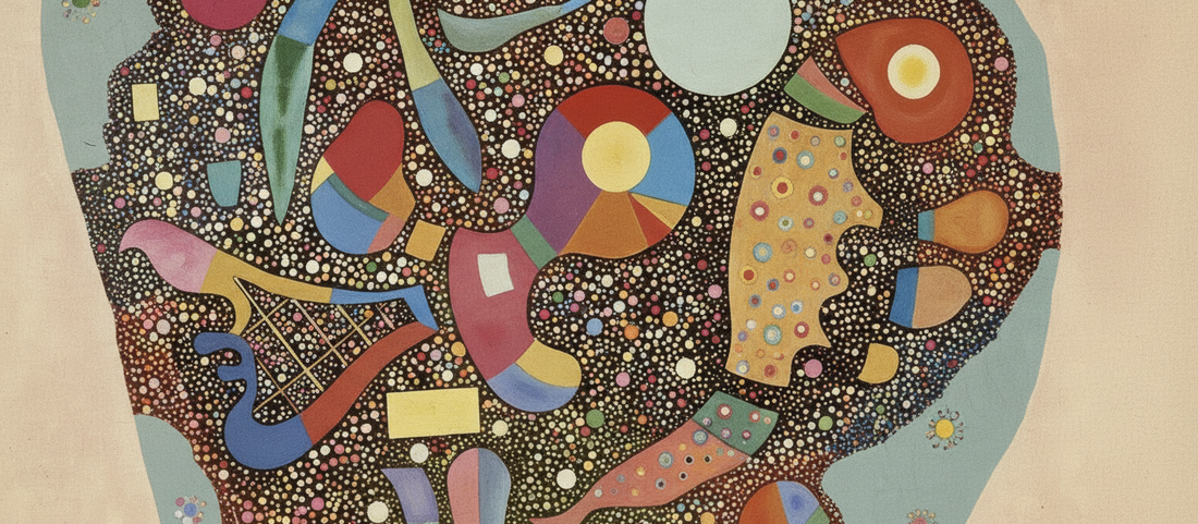 Colourful Ensemble 1938 by Wassily Kandinsky - abstract geometric composition featuring vibrant colors, checkerboard patterns, and musical visual rhythm