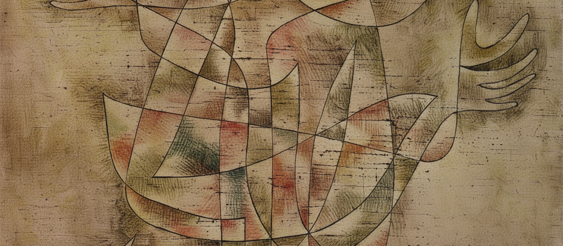 Little Jester in a Trance by Paul Klee, 1929, geometric abstract portrait using complementary color theory and Bauhaus grid structure