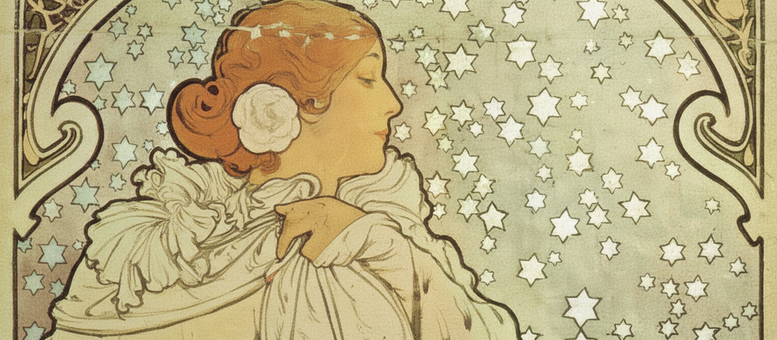La Dame aux Camélias by Alphonse Mucha, 1896 Art Nouveau theatrical poster featuring Sarah Bernhardt with Byzantine halo and white camellias