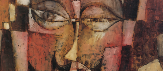 Head with German Moustache by Paul Klee, 1920, watercolor painting showing geometric abstraction of a face with prominent moustache