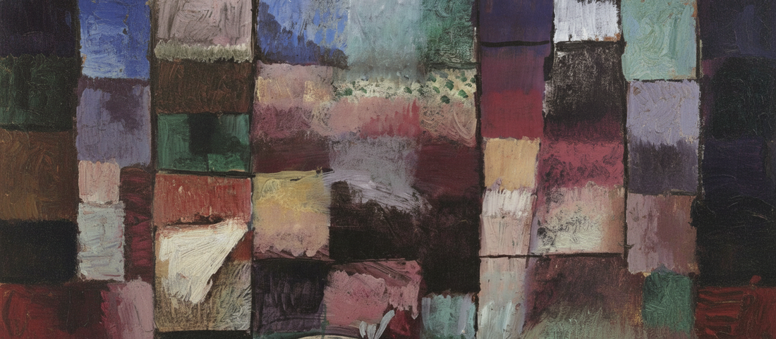 On a Motif from Hamamet 1914 by Paul Klee, watercolor painting featuring geometric rectangles in warm rose, ochre, violet and green tones inspired by Tunisian architecture