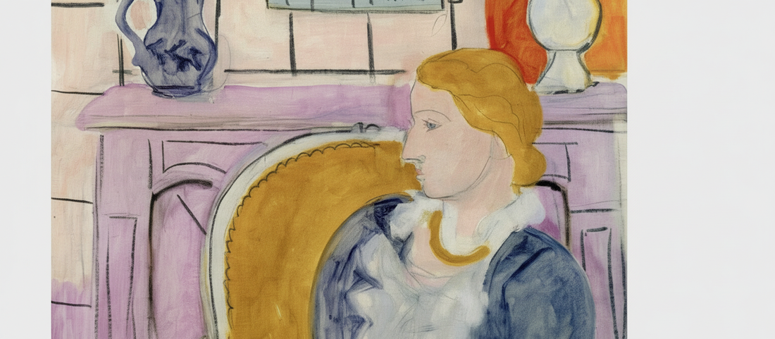 Henri Matisse Blue Dress in an Ochre Armchair 1937 painting featuring complementary color contrast between cobalt blue dress and burnt orange chair