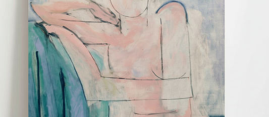 Seated Pink Nude by Henri Matisse, 1935-36, modernist painting of simplified reclining female figure in pink against checkered background