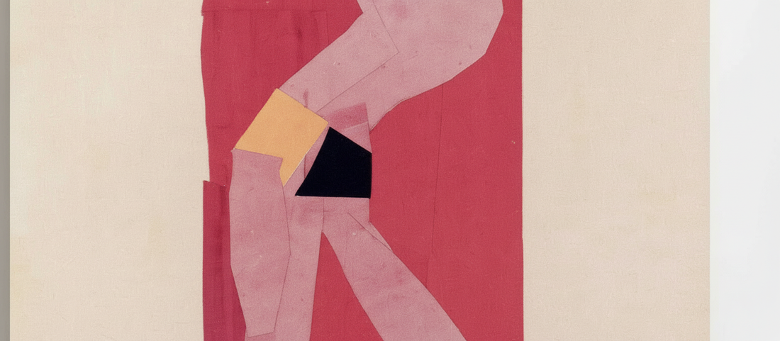 Small Dancer on Red Background by Henri Matisse, 1938, modernist painting featuring a simplified black silhouette of a dancer against a vibrant red background