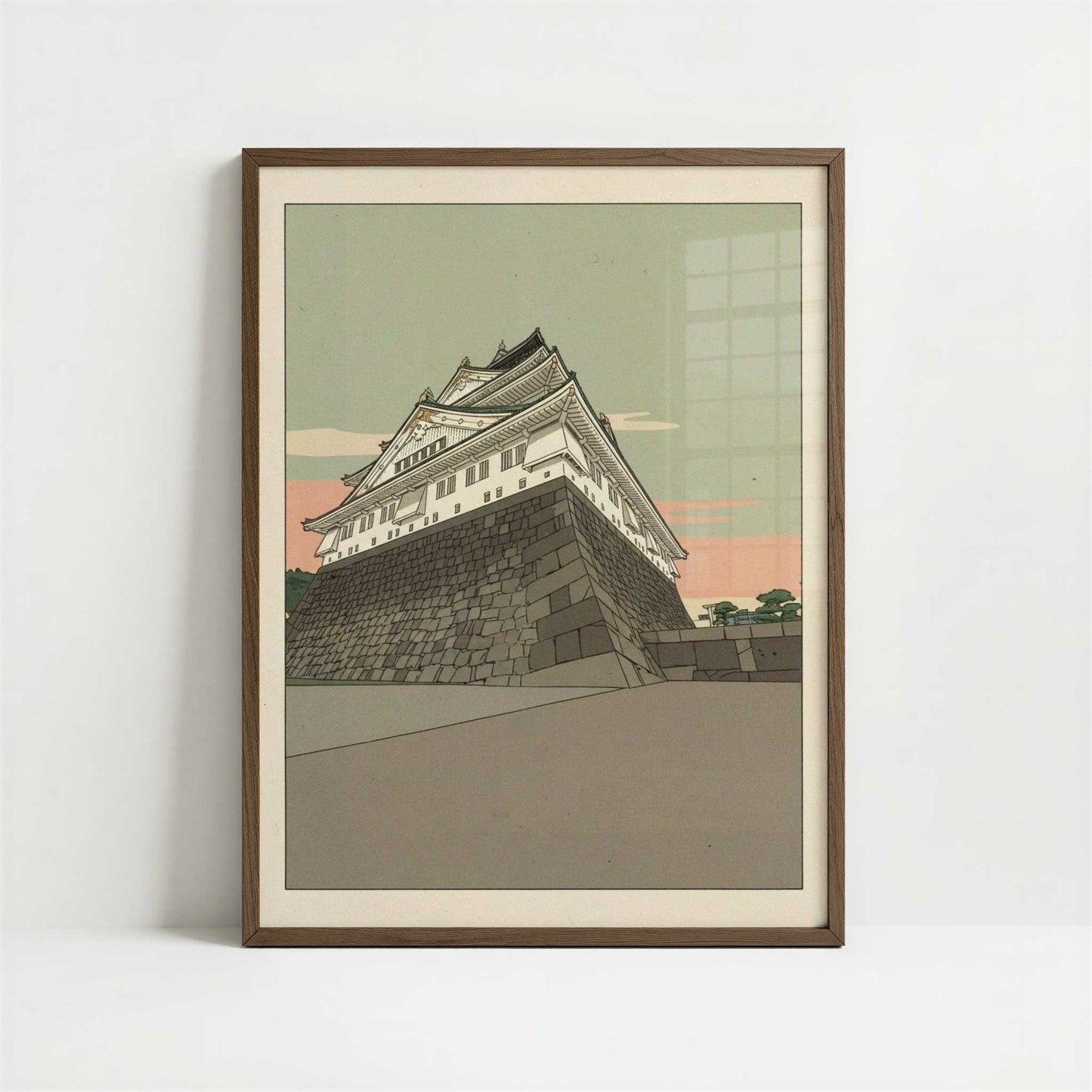 Above the City at Osaka Castle - Art Print - Art print in dark wood frame