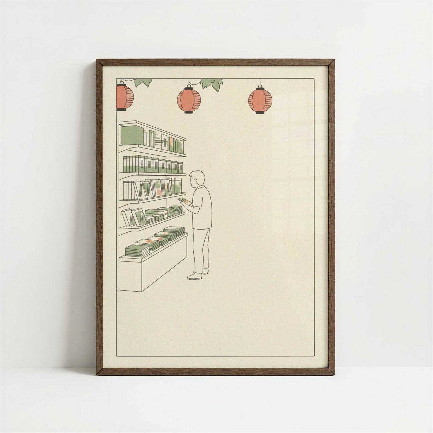 Browsing Shelves in a Japanese Bookstore - Art Print - Art print in dark wood frame