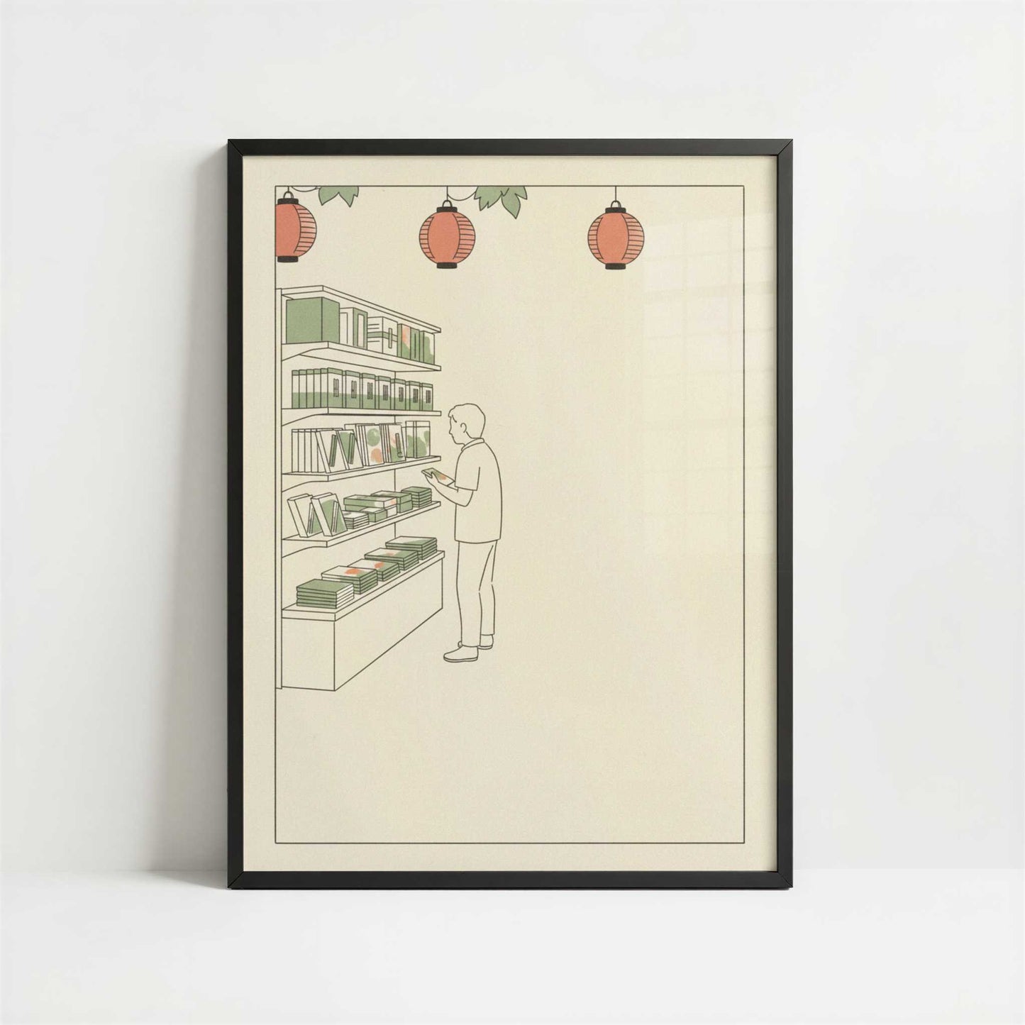 Browsing Shelves in a Japanese Bookstore - Art Print - Art print in black frame