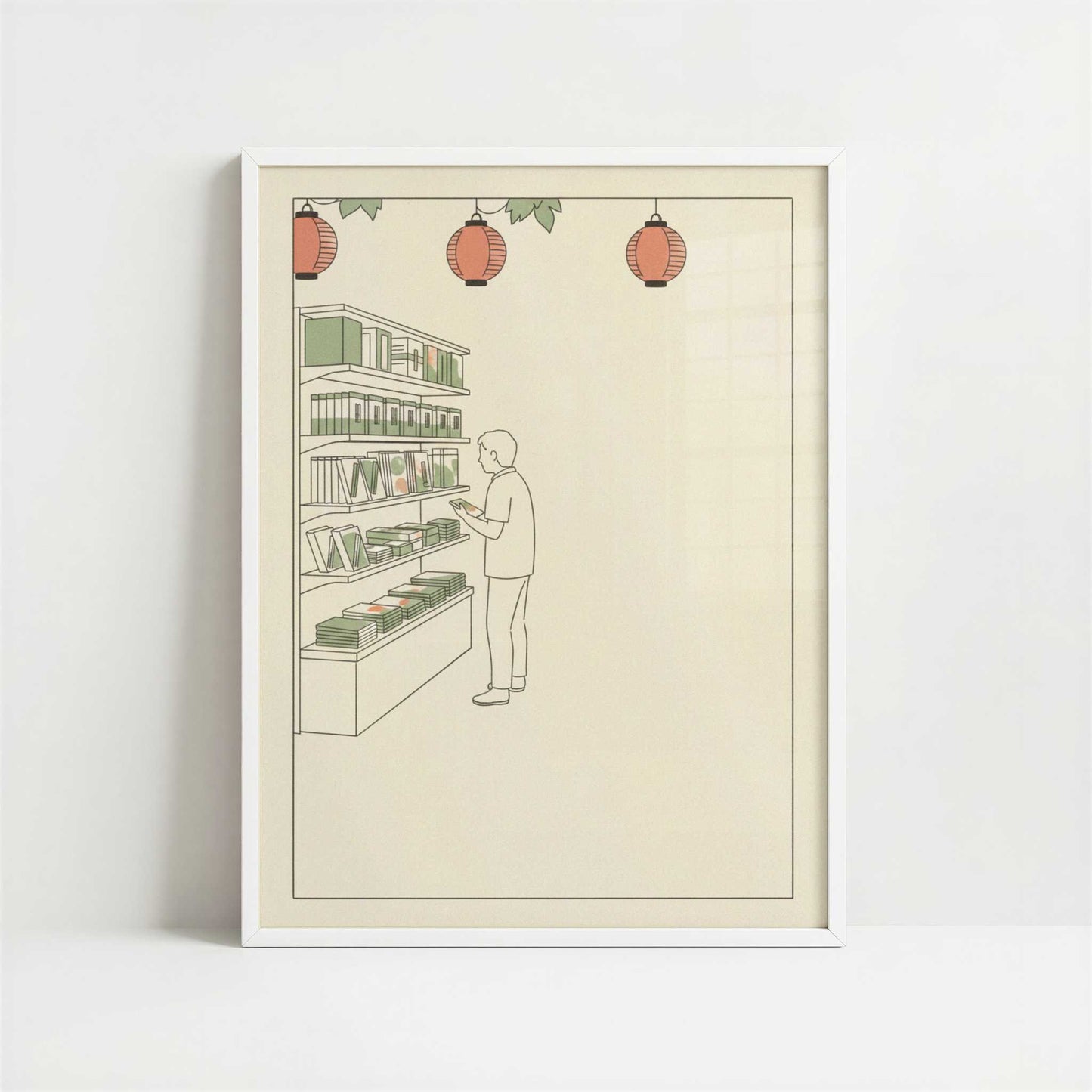 Browsing Shelves in a Japanese Bookstore - Art Print - Art print in white frame