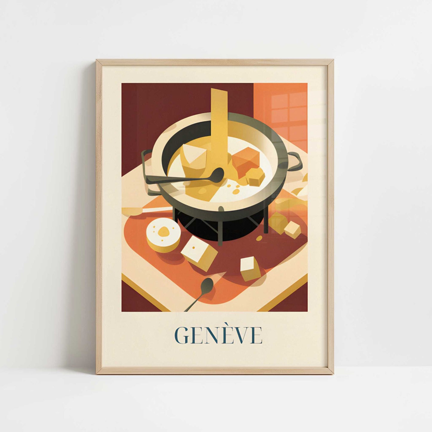 Cheese fondue from Geneva, Switzerland - Art Print - Art print in oak frame