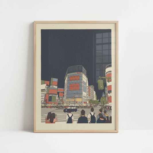 Crossing Together in Shinjuku - Art Print - Art print in oak frame