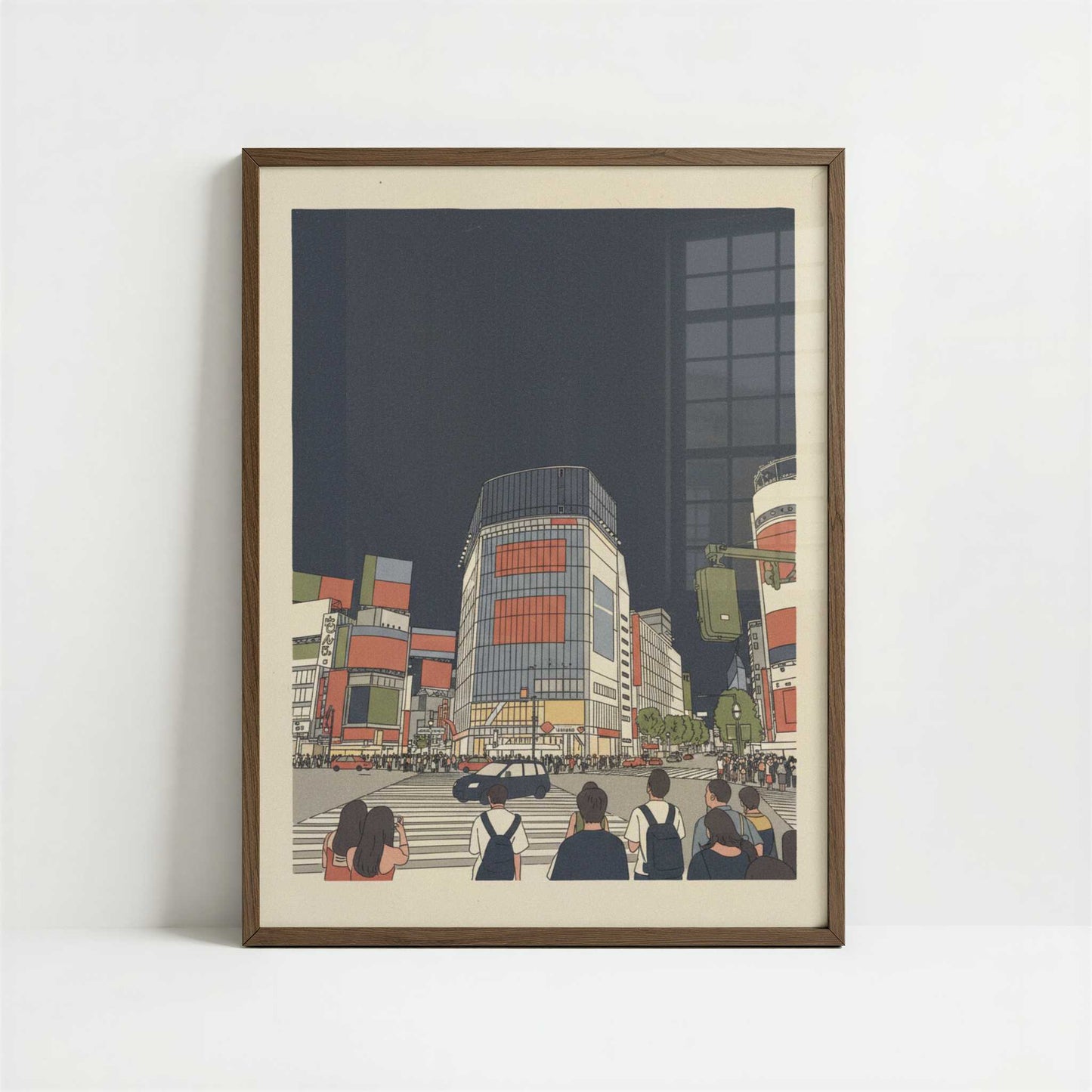Crossing Together in Shinjuku - Art Print - Art print in dark wood frame