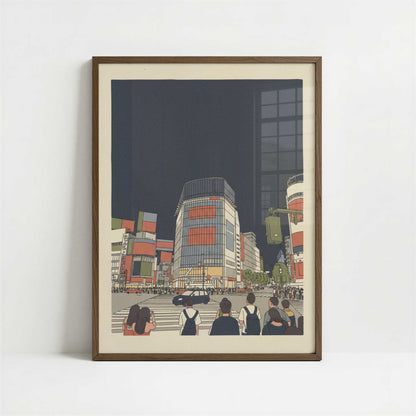 Crossing Together in Shinjuku - Art Print - Art print in dark wood frame