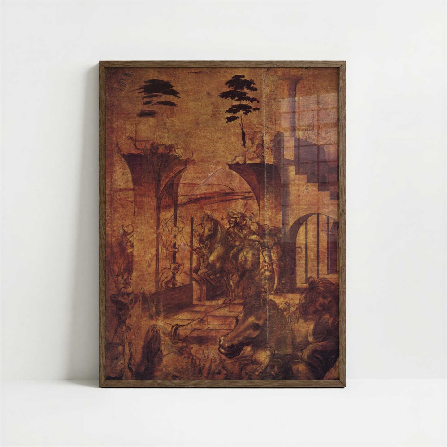 Horsemen & Fantastic Architecture (1490s) by Leonardo da Vinci – Art Print - Art print in dark wood frame