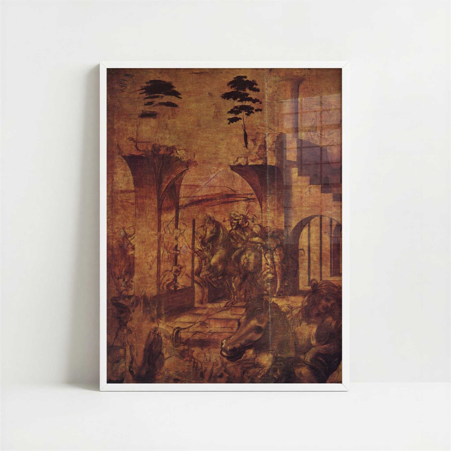Horsemen & Fantastic Architecture (1490s) by Leonardo da Vinci – Art Print - Art print in white frame